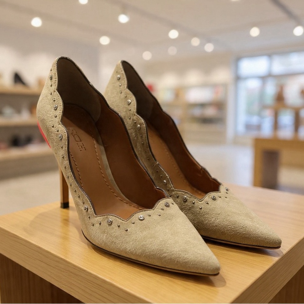 Coach Tan suede Scalloped Studded Heels